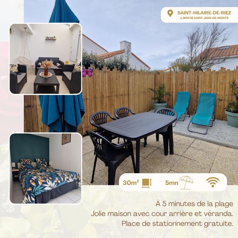 une photo d'un patio avec une table et des chaises dans l'établissement Jolie maison 5 minutes de l ocean, à Saint-Hilaire-de-Riez