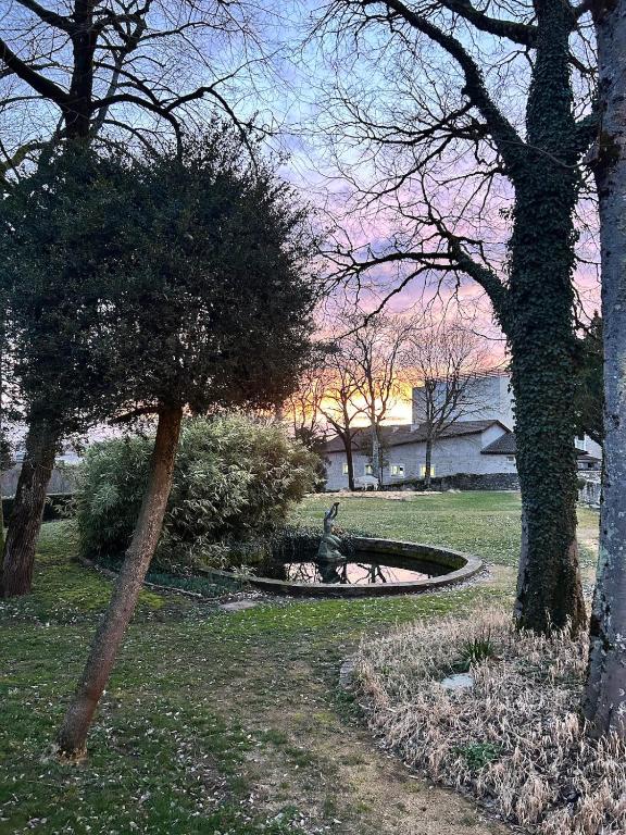 un parc avec un arbre et une fontaine dans l'herbe dans l'établissement MAISON de VILLE COSY EN PLEIN COEUR DE GRAMAT, à Gramat