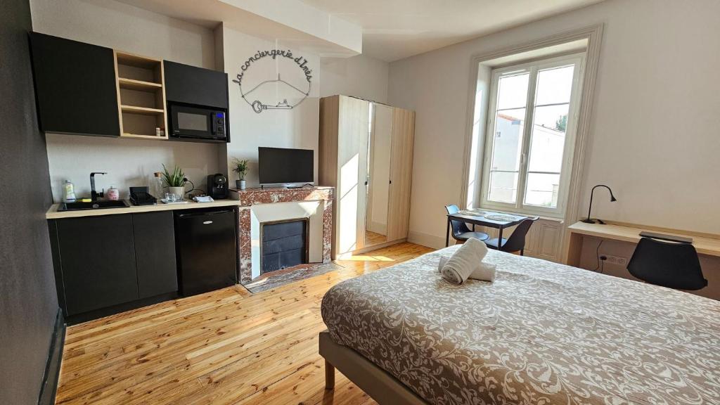 Il comprend une chambre avec un lit et une cuisine avec une cheminée. dans l'établissement Le Vercingétorix 2 #Confort, à Aubière