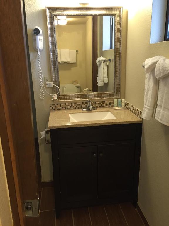 a bathroom with a sink and a mirror at Motel In The Pines in Munds Park