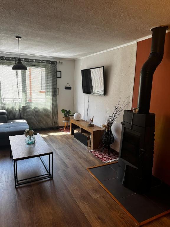 un salon avec une cheminée dans l'établissement Maison proche de la plage, à Saint-Laurent-de-la-Salanque