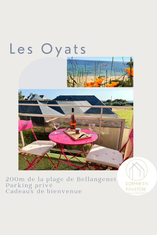 une table et des chaises roses avec une bouteille de vin dans l'établissement Les Oyats, vue sur mer, parking, GR34, à Clohars-Carnoët