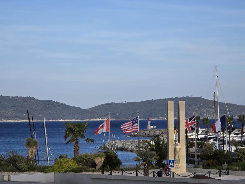 un groupe de pavillons volant devant un port de plaisance dans l'établissement T2 idéal à 50m de la plage Tout à pied Parfait pour des vacances relax, à Cavalaire-sur-Mer