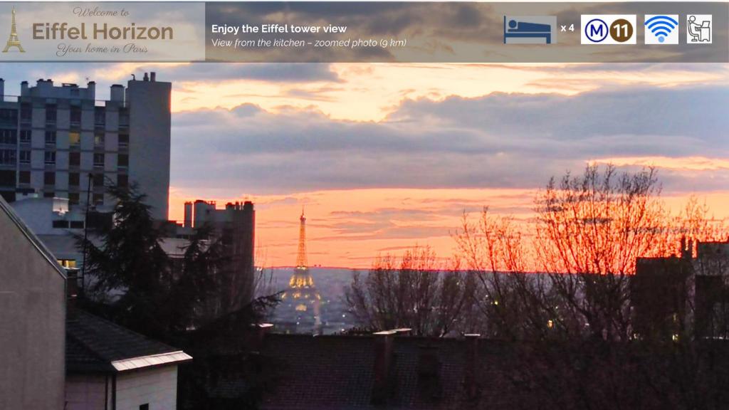 巴黎Paris 20 - T4 78m2 familial au pied du métro的日落时分可欣赏到艾菲尔铁塔的景色