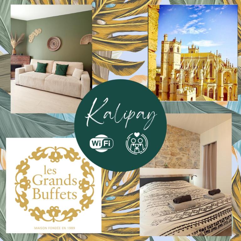 un collage de photos avec les mots joyeux wfd et ses grands bâtiments dans l'établissement Kalipay - 7 min à pied des Grands Buffets, à Narbonne