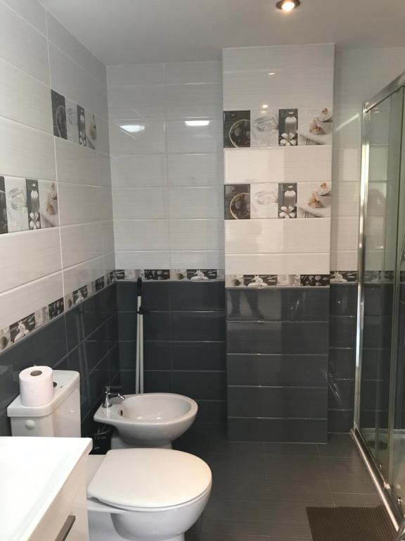 a bathroom with a toilet and a sink and a shower at Apartamento acogedor Torremar Marina Dor in Oropesa del Mar