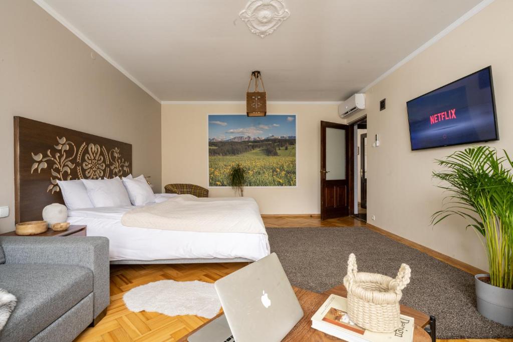 Televízia a/alebo spoločenská miestnosť v ubytovaní Apartament Grand Krupówki 47