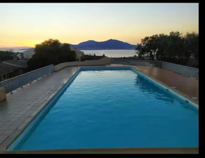 une grande piscine bleue avec vue sur l'océan dans l'établissement Petit cocon, à Porticcio