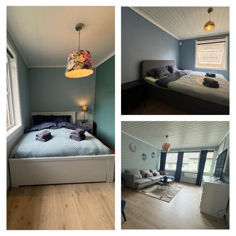 two different pictures of a bedroom with a bed and a ceiling at StarApartment Trolltunga 2 BR in Odda