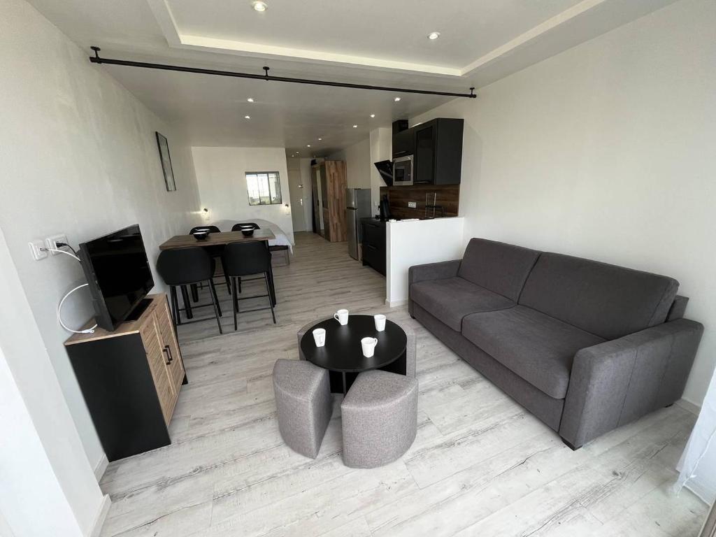 un salon avec un canapé et une table dans l'établissement Studio 4 couchages CAP D'AGDE NATURISME CN060-E69, au Cap d'Agde