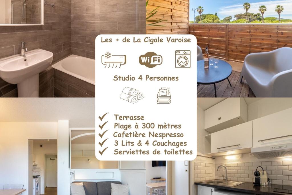 a collage of pictures of a bathroom at La Cigale Varoise - Hyères La Plage in Hyères
