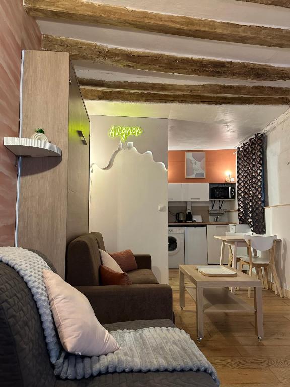 un salon avec un canapé et une table dans l'établissement Magnifique Cocon Intra-Muros - Studio de Charme au Coeur d'Avignon, à Avignon