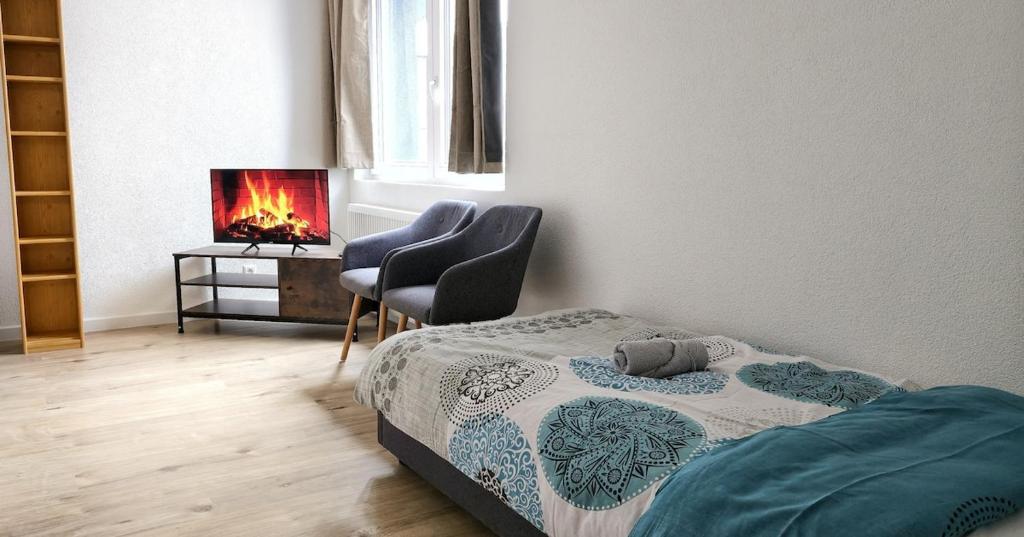 a bedroom with a bed and a chair and a fireplace at Modern apartment im Herzen des Schwarzwald v-s in Villingen-Schwenningen