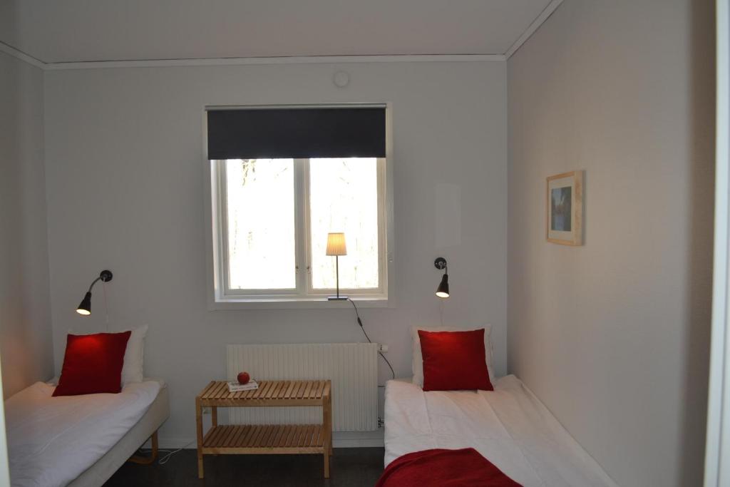 a living room with two beds and a window at Ljungsbro Vandrarhem in Ljungsbro