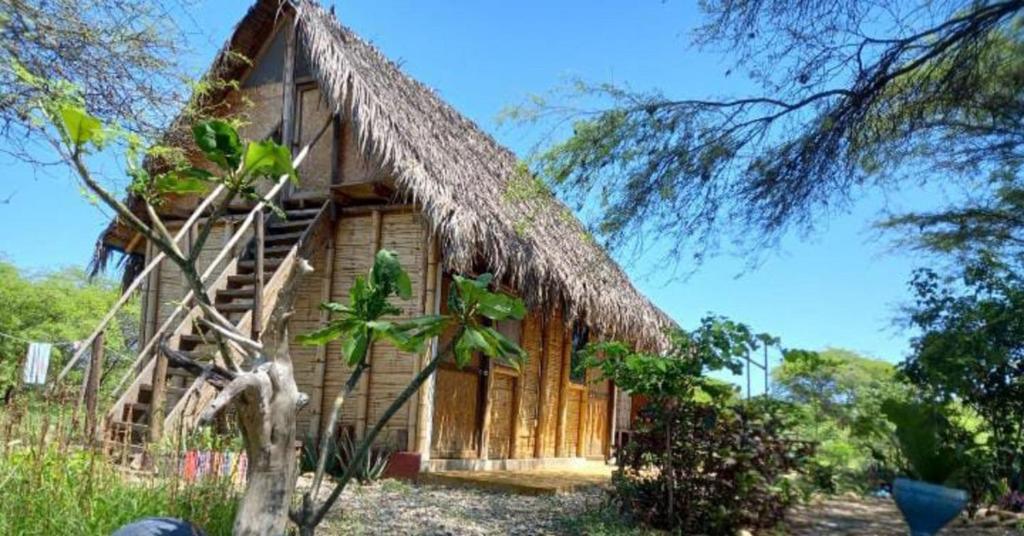 a small wooden house with a straw roof at Wasi Center Homestay in Máncora