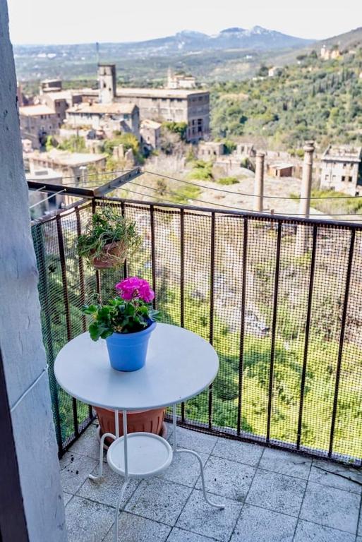 a table with a potted plant on top of a balcony at L'Orologio in Tivoli