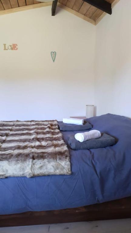 a bed in a room with blue sheets and towels at Wenu Ruka in El Bolsón