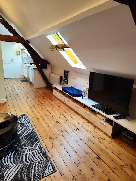 un grand salon avec une grande télévision à écran plat dans l'établissement Le Saut Mur, à Saumur