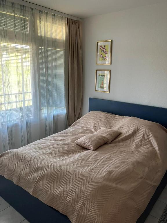 a bed sitting in a bedroom with a window at Hátszél Apartman in Balatonfüred