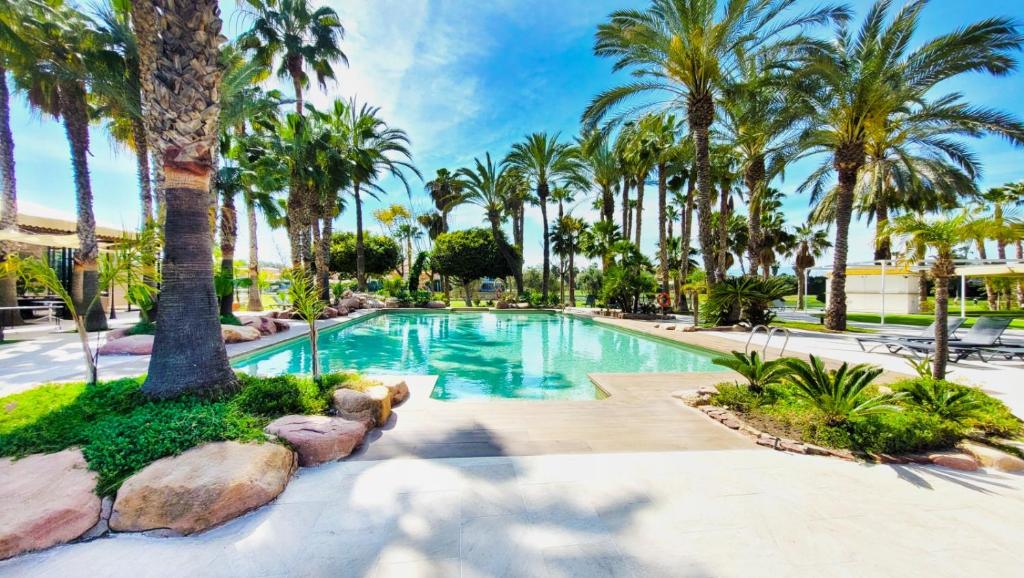 a pool with palm trees in a resort at Hotel Alicante Golf in Alicante