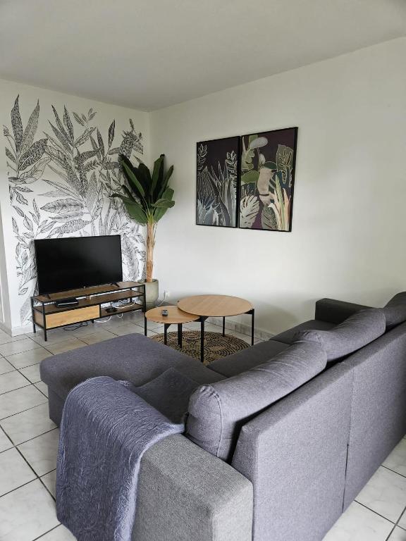 un salon avec un canapé et une table dans l'établissement Paisible appartement climatisé avec jardin, à La Teste-de-Buch