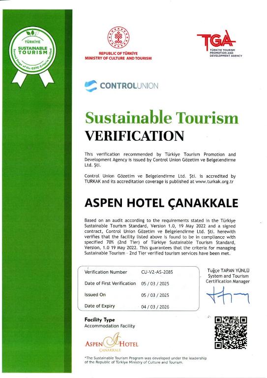 Certifikát, hodnocení, plakát nebo jiný dokument vystavený v ubytování Çanakkale Bosphorus Port Aspen Hotel