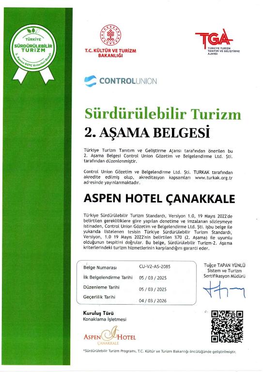 Certifikát, hodnocení, plakát nebo jiný dokument vystavený v ubytování Çanakkale Bosphorus Port Aspen Hotel