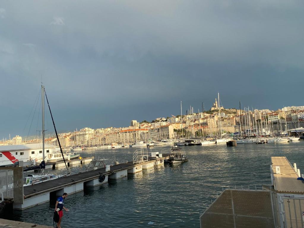 un homme debout à côté d'un port de plaisance avec des bateaux dans l'établissement Le beau soleil à Marseille, à Marseille