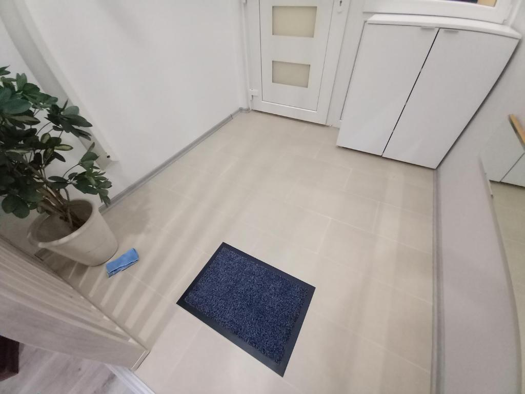 an overhead view of a kitchen with a blue rug on the floor at Sarajevo apartman Ilidza Springs parking free in Sarajevo