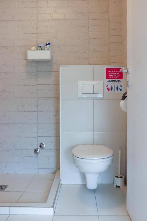 a small bathroom with a toilet and a shower at Apartment By the River in Niš