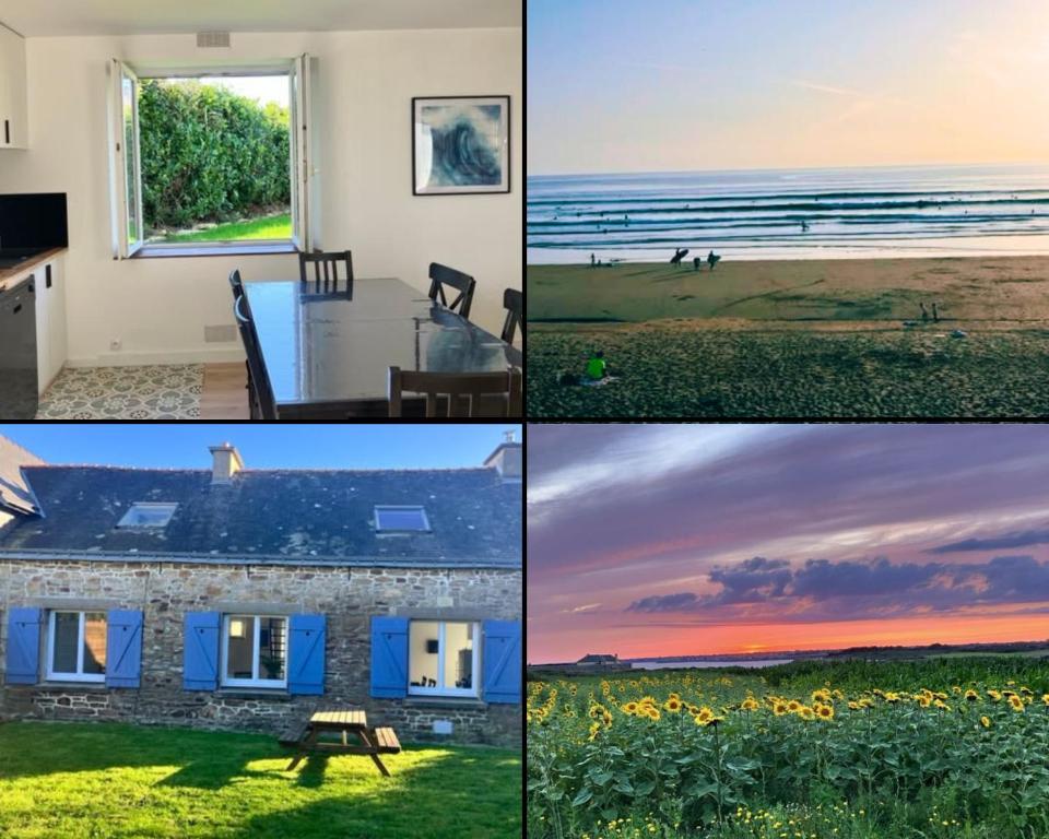 un collage de photos d'une maison et de la plage dans l'établissement Longère proche de la mer, à Guidel