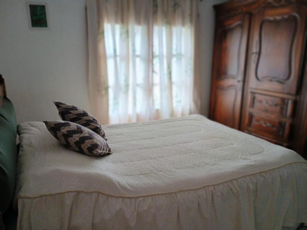 un lit avec deux oreillers dessus dans une chambre dans l'établissement La Casita Puelo, à Lago Puelo