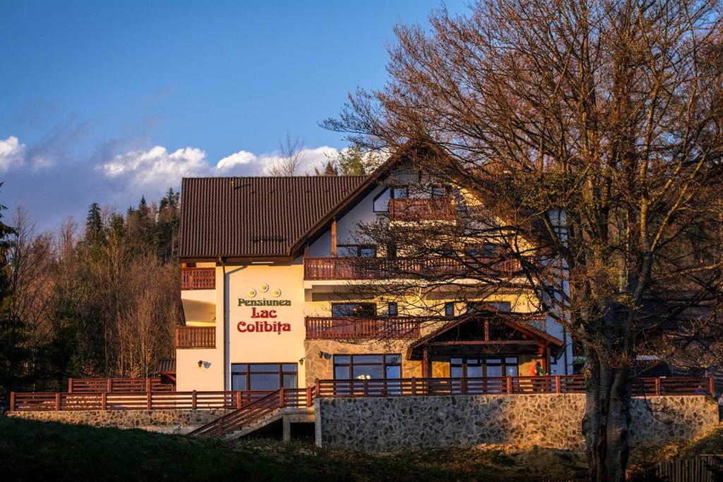 un edificio con techo de gambrel a un lado en Pensiunea Lac Colibita, en Colibiţa