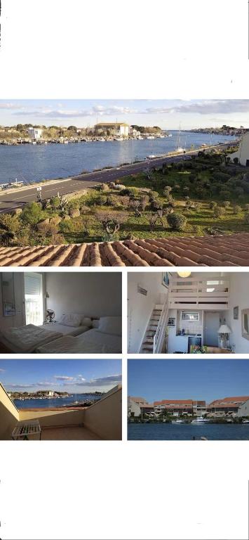 une série de quatre photos de maisons et d'une plage dans l'établissement Charmant studio avec vue sur la mer, à Agde