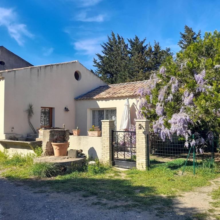 une maison blanche avec un portail et un arbre dans l'établissement Maison familiale Drôme - Ardèche, à Châteauneuf-du-Rhône