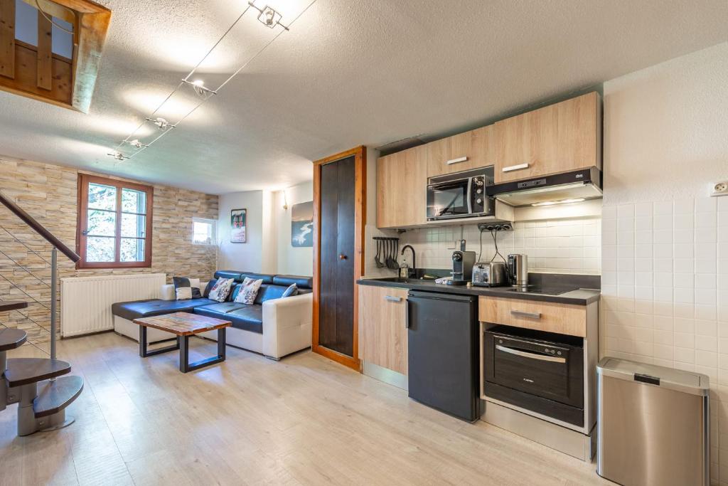 een keuken en woonkamer met een bank in een kamer bij Lodge & Castle - Beau T3 en Vieille Ville in Annecy