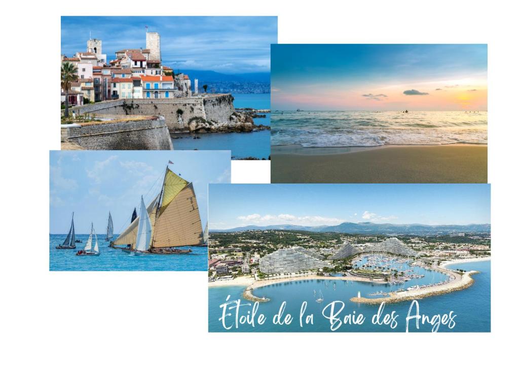 un collage de photos d'une plage et d'une ville dans l'établissement Étoile de la Baie des Anges, à Villeneuve-Loubet