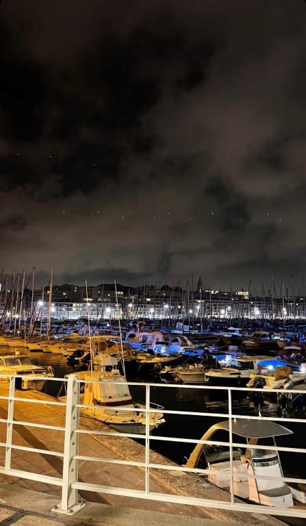 un groupe de bateaux garés dans un port de plaisance la nuit dans l'établissement Sea View - Netflix - Velodrome, à Marseille