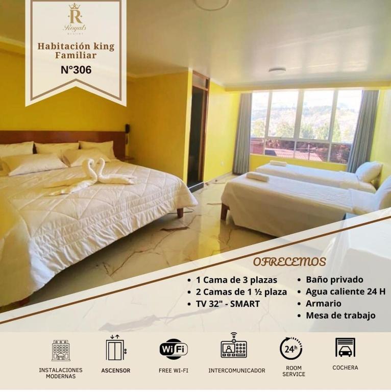 a advertisement for a hotel room with a bed and avertisement at The Royals Huaraz in Huaraz
