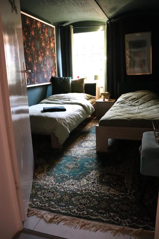 a bedroom with two beds and a window at Hostel Bertha-Marie Smaragd Oase in Greifswald