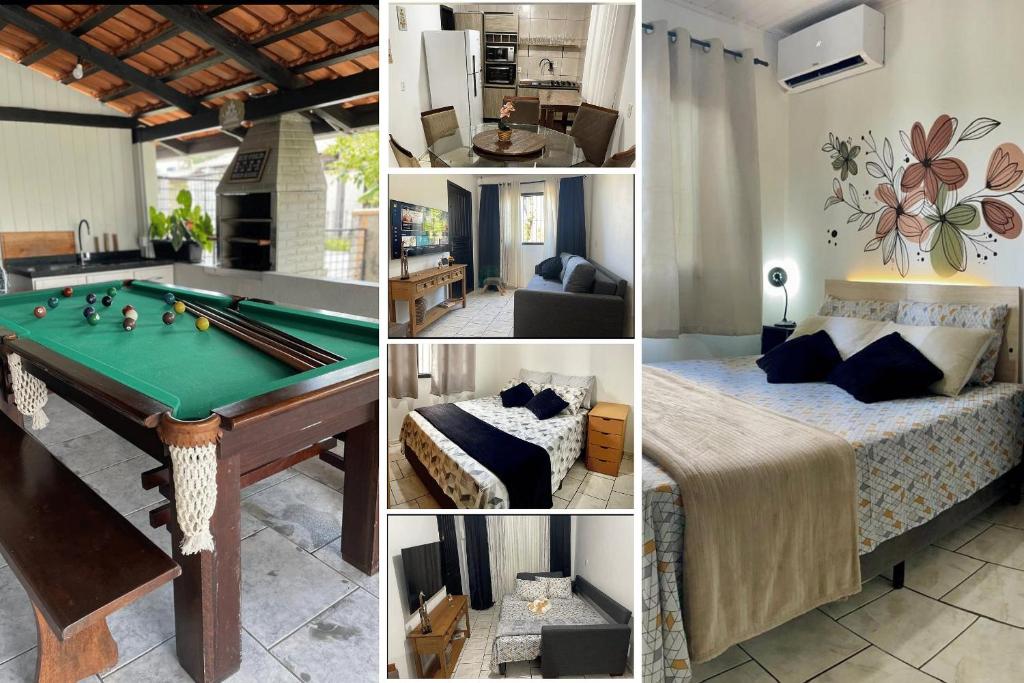 a collage of pictures of a room with a pool table at Casa 02 Quartos à 900m Praia e 3km do Beto Carrero - Estacionamento - Area de LAZER com Churrasqueira e Sinuca - Wi-Fi e Cozinha Completa in Penha