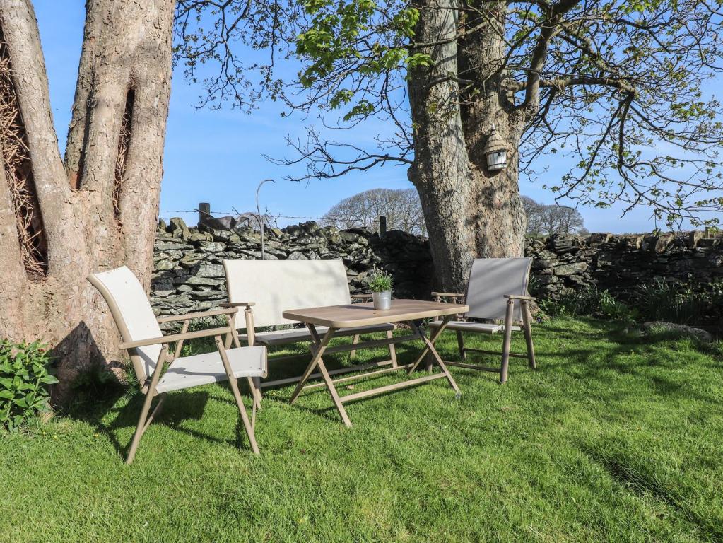 a picnic table and two chairs sitting next to a tree at 5 Stad Clynnog in Llanfairpwllgwyngyll