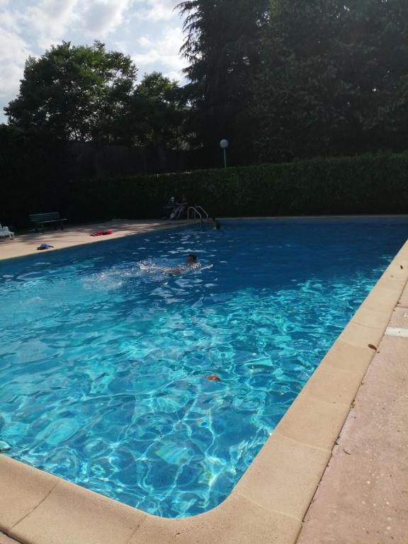 une personne nageant dans une grande piscine bleue dans l'établissement Appartement des Sablières - Welkeys, à Bordeaux