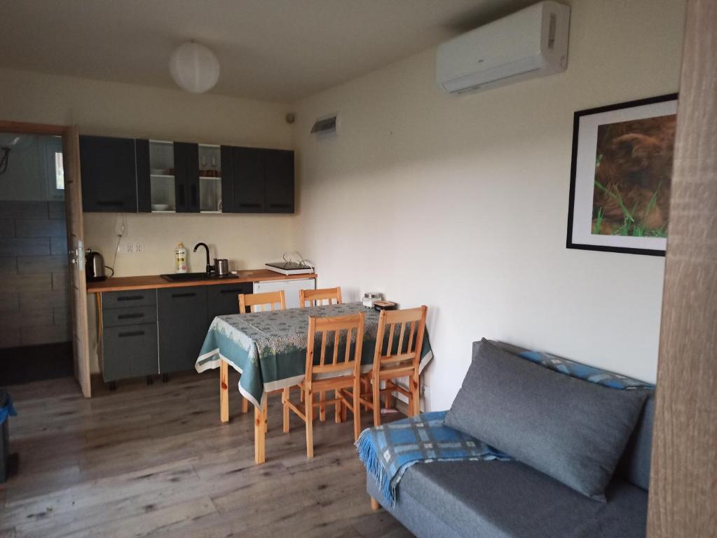 a kitchen and dining room with a table and a couch at Chabrowa Polana in Tuplice
