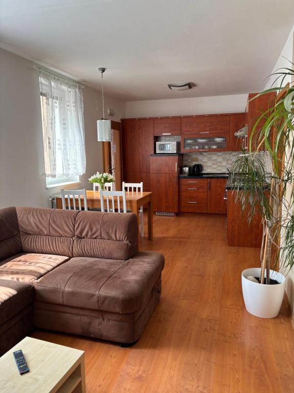 a living room with a brown couch and a kitchen at Ubytování v soukromí Anička in Lednice