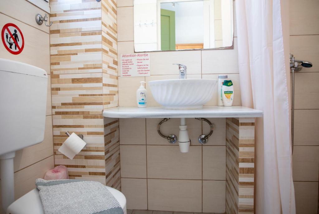 łazienka z umywalką i lustrem w obiekcie Stefanie Studios w mieście Egina