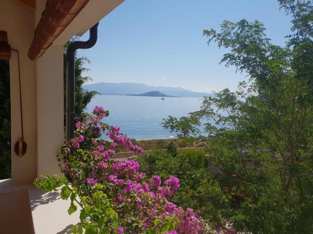 a view of the water from a house with flowers at Luxury Family Beach Front Villa - SUNDAY BEACH HOUSE in Slatine