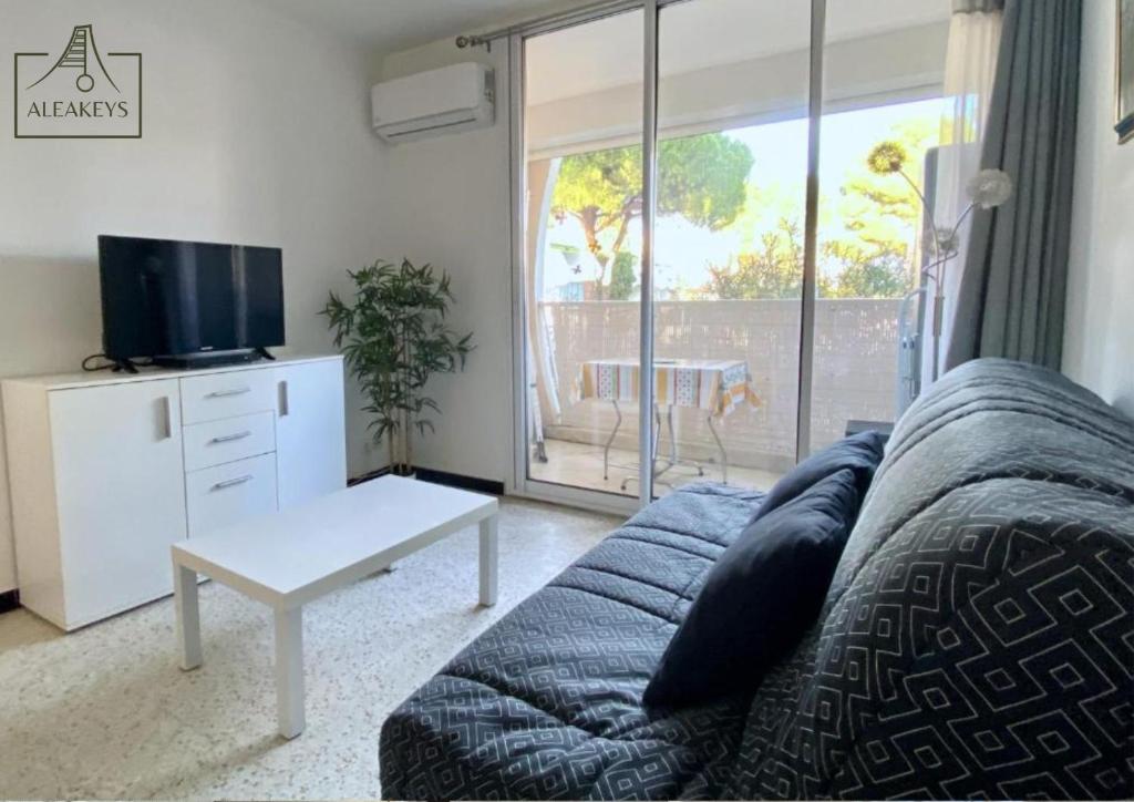 un salon avec un canapé et une télévision dans l'établissement Studio Le Takeo Quartier Ponant, clim, parking, proche golf, à La Grande Motte