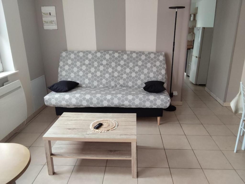 un salon avec un canapé et une table basse dans l'établissement Appartement avec cour fermée, à Andelot