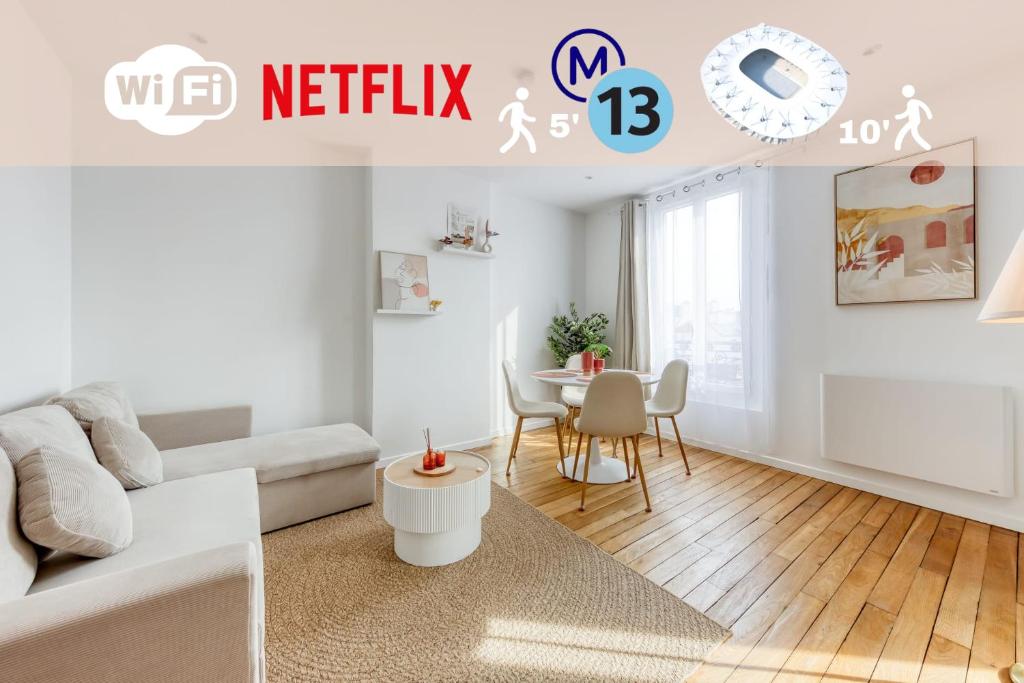 ein Wohnzimmer mit Sofa und Tisch in der Unterkunft L'Eden - Porte de Paris - 10 min Stade de France in Saint-Denis